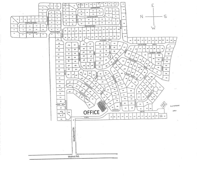 Knollwood Estates community site plan showing lot layouts, streets, office location, and playground area